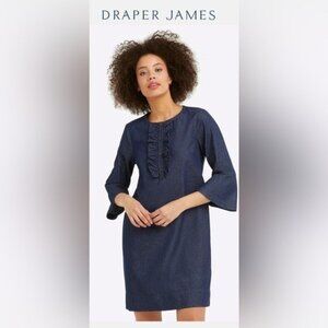 Draper James Chambray Shift Mini Dress Ruffle Detail  Dark Wash 3/4 Sleeve Sz 0